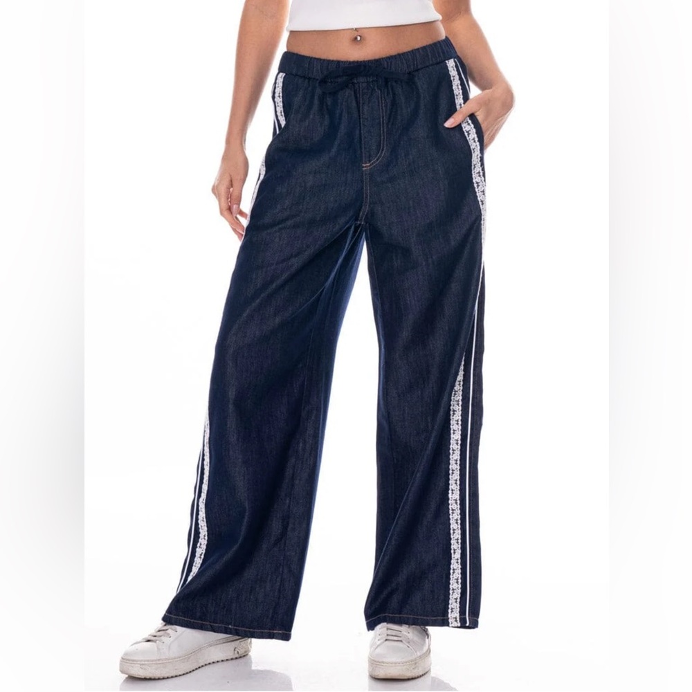 A21. Navy Wide-Leg Denim Pants with White Lace Stripes - Picture 2 of 4